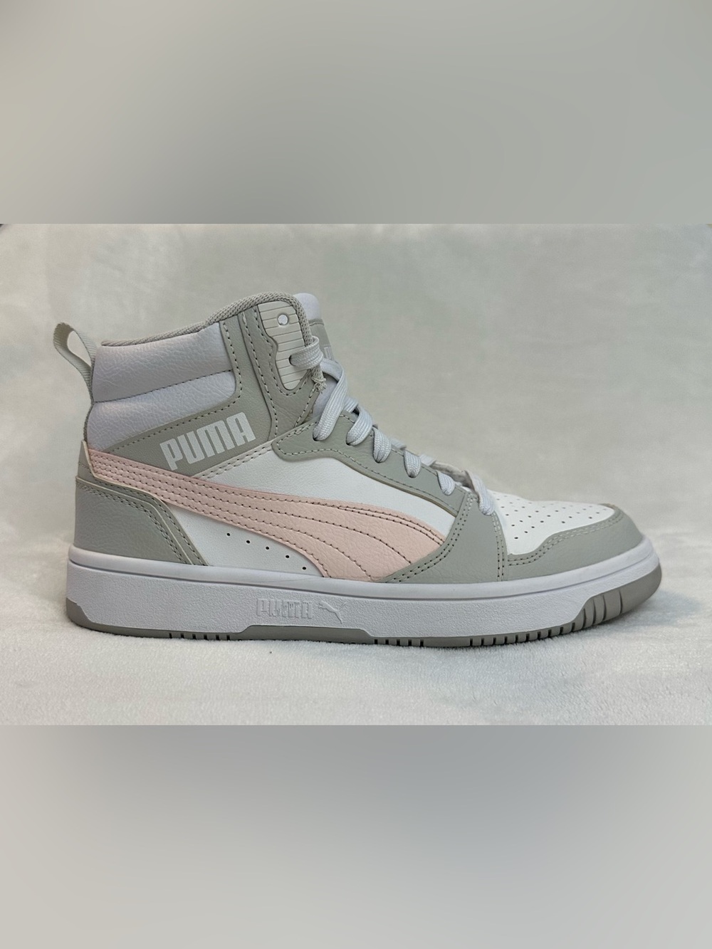 Puma Kids High-Top Sneakers in White, Light Gray & Pale Pink